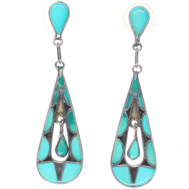Large Vintage Zuni sterling silver channel inlay turquoise dangly long earrings