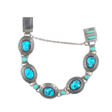 7" Vintage Navajo hand stamped sterling silver shadowbox turquoise link bracelet