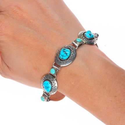7" Vintage Navajo hand stamped sterling silver shadowbox turquoise link bracelet