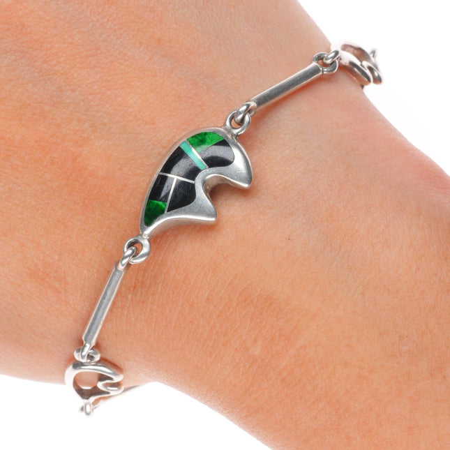7" Ray Tracey Knifewing sterling silver multi-stone inlay bear link bracelet