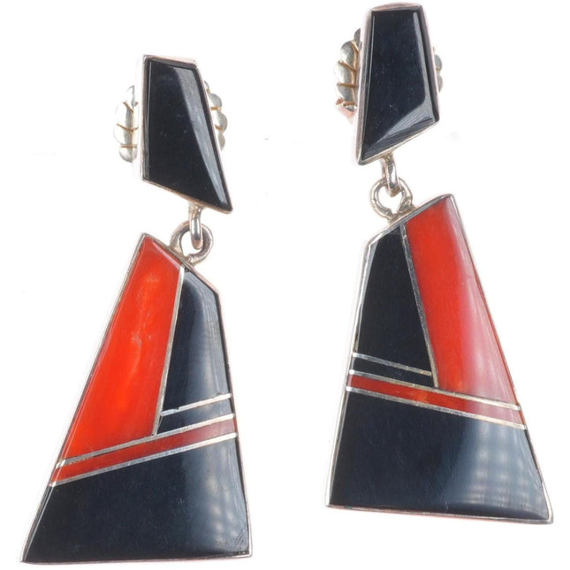 Vintage southwestern modernist sterling silver coral/black jade earrings