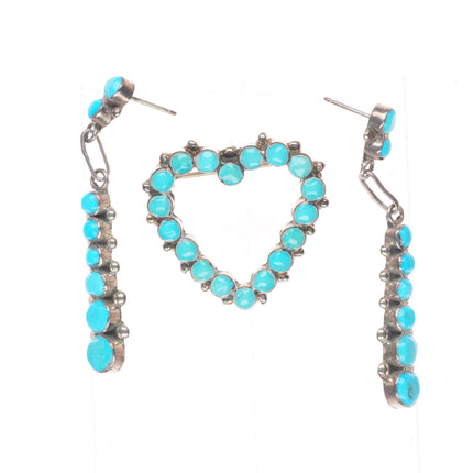 Vintage Zuni sterling silver snake eye turquoise row earrings/heart pin/brooch