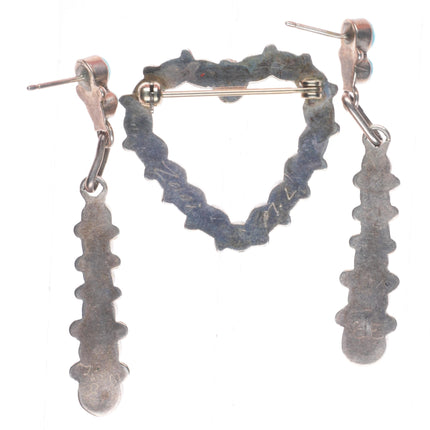 Vintage Zuni sterling silver snake eye turquoise row earrings/heart pin/brooch
