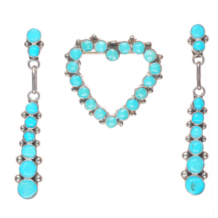 Vintage Zuni sterling silver snake eye turquoise row earrings/heart pin/brooch