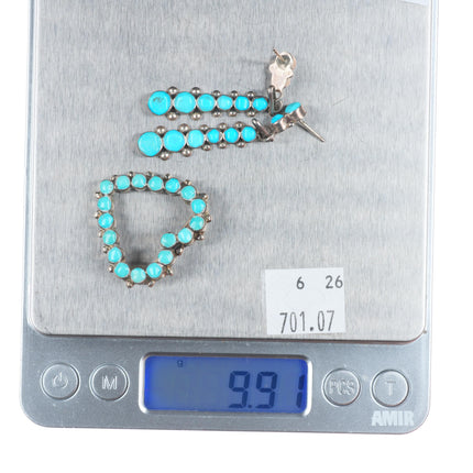 Vintage Zuni sterling silver snake eye turquoise row earrings/heart pin/brooch