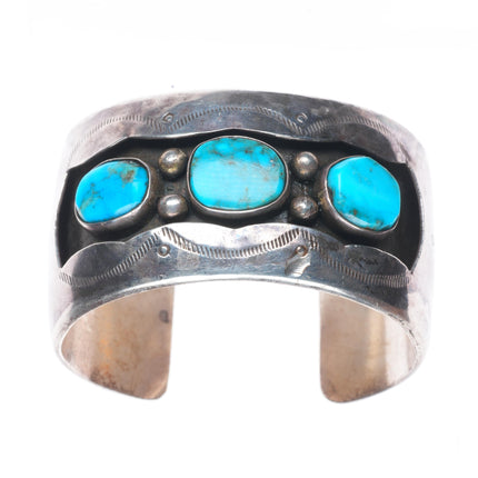 6" Vintage Navajo sterling silver wide band turquoise shadowbox cuff bracelet