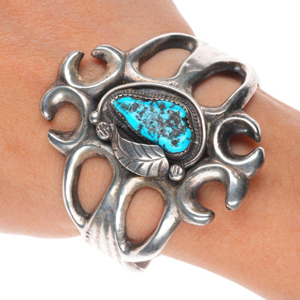 6.1" Vintage Navajo large cast sterling silver cuff bracelet with turquoise