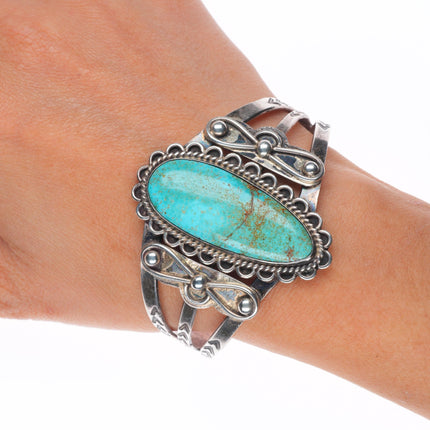 6.75" 1940's Navajo sterling silver large stone turquoise cuff bracelet