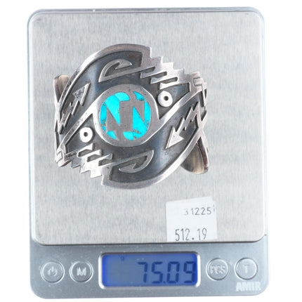 6.5" Carl Allen Begay Navajo sterling silver flush inlay turquoise cuff bracelet