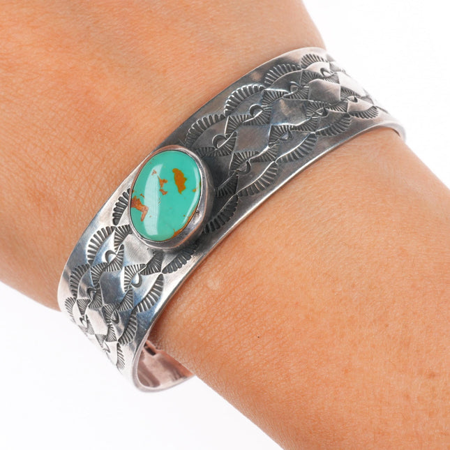 6.6" Edison Billy Navajo hand stamped sterling silver cuff bracelet w/turquoise