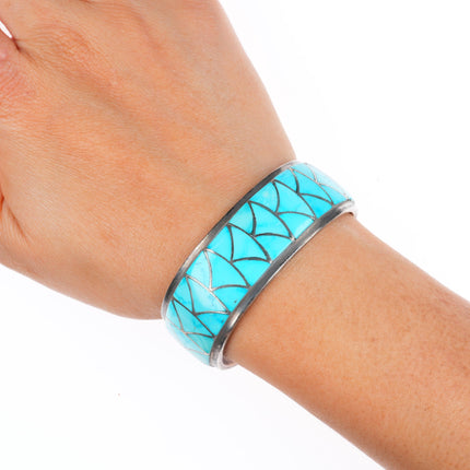 6" Orlinda Natewa Zuni sterling silver turquoise inlay vintage cuff bracelet