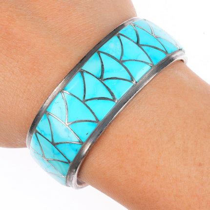 6" Orlinda Natewa Zuni sterling silver turquoise inlay vintage cuff bracelet