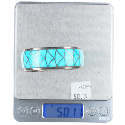 6" Orlinda Natewa Zuni sterling silver turquoise inlay vintage cuff bracelet