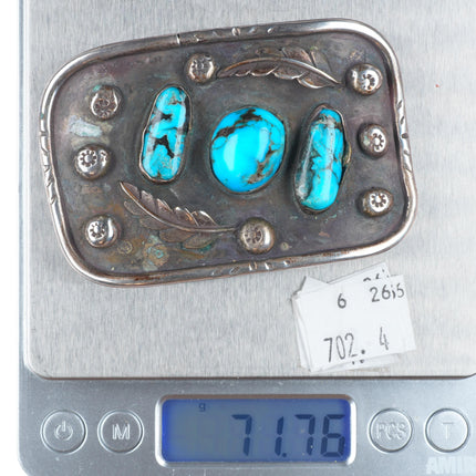 Vintage Navajo sterling silver 3 stone turquoise featherwork belt buckle