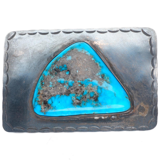 50's-60's Vintage Navajo hand stamped sterling silver turquoise belt buckle