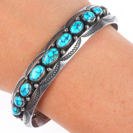 6.5" 30's-40's Navajo Candelaria turquoise sterling silver row cuff bracelet