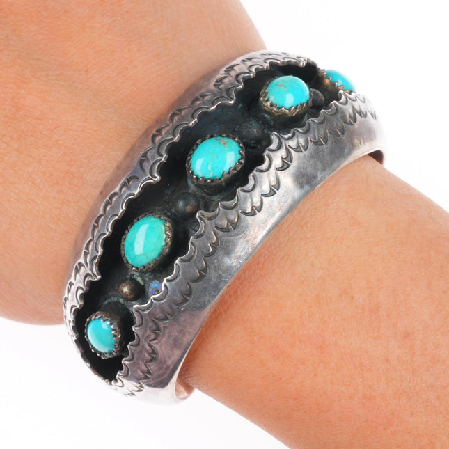 5.9" Ray Smith Navajo sterling silver shadowbox turquoise row cuff bracelet