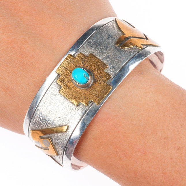 6.75" Thomas Navajo sterling silver, turquoise, brass mounted cuff bracelet