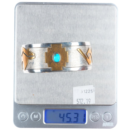 6.75" Thomas Navajo sterling silver, turquoise, brass mounted cuff bracelet