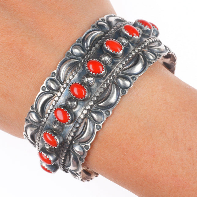 6.7" Ray Delgarito Navajo heavy repousse Mediterranean coral cuff bracelet