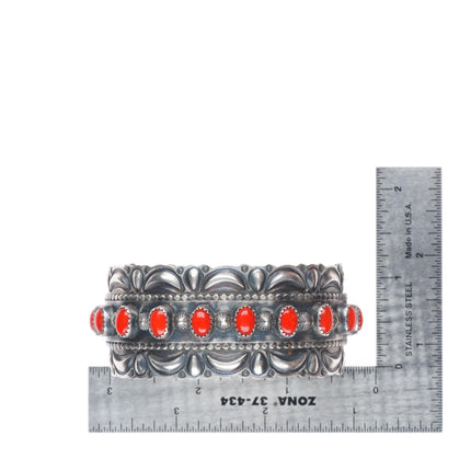 6.7" Ray Delgarito Navajo heavy repousse Mediterranean coral cuff bracelet