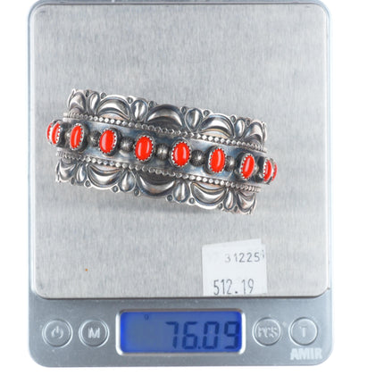 6.7" Ray Delgarito Navajo heavy repousse Mediterranean coral cuff bracelet