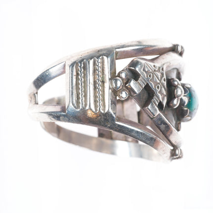 6.25" Vintage Navajo sterling silver Yei cuff bracelet with nice turquoise