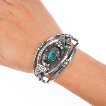 6.25" Vintage Navajo sterling silver Yei cuff bracelet with nice turquoise