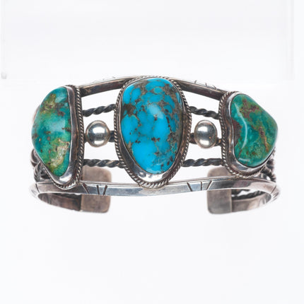 6.4" 1940's vintage Navajo sterling silver 3 stone twisted wire cuff bracelet
