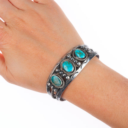 6.1" 30's-40's Navajo Blue Gem turquoise sterling silver carinated cuff bracelet