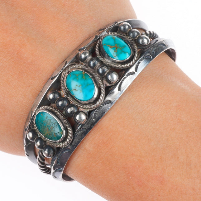 6.1" 30's-40's Navajo Blue Gem turquoise sterling silver carinated cuff bracelet