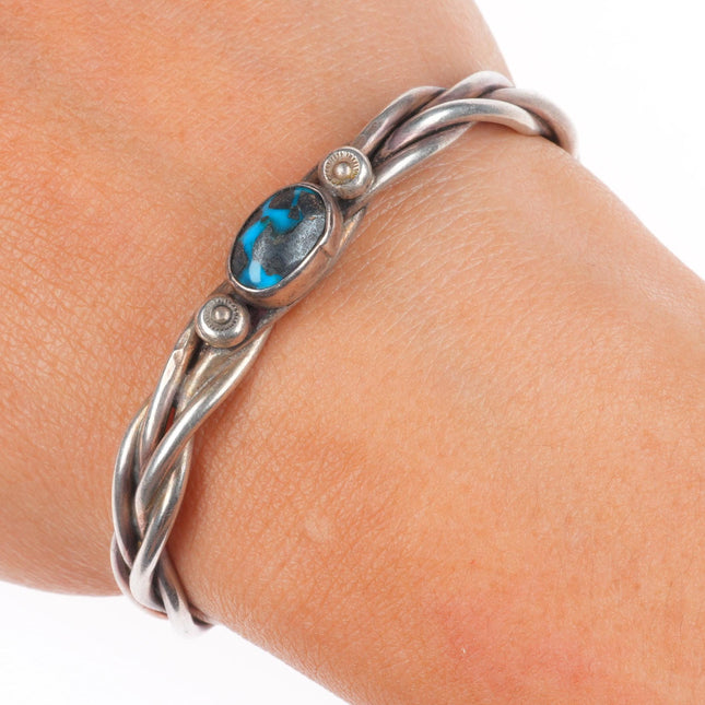 6" Vintage Navajo sterling silver high grade turquoise braided cuff bracelet