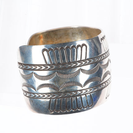 7.3" Loren Begay Navajo wide sterling silver hand stamped cuff bracelet