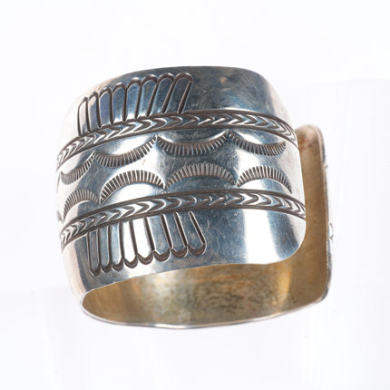 7.3" Loren Begay Navajo wide sterling silver hand stamped cuff bracelet