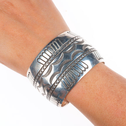 7.3" Loren Begay Navajo wide sterling silver hand stamped cuff bracelet