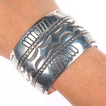 7.3" Loren Begay Navajo wide sterling silver hand stamped cuff bracelet