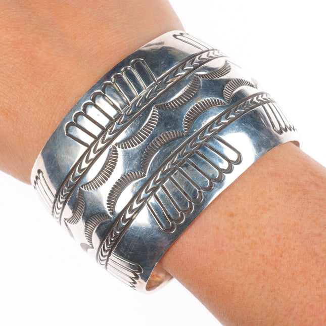 7.3" Loren Begay Navajo wide sterling silver hand stamped cuff bracelet