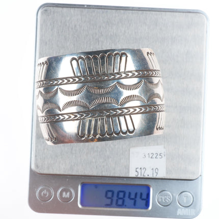 7.3" Loren Begay Navajo wide sterling silver hand stamped cuff bracelet