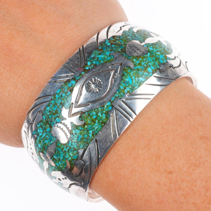 6" JVB Navajo sterling silver chip inlay turquoise Peyote Bird cuff bracelet