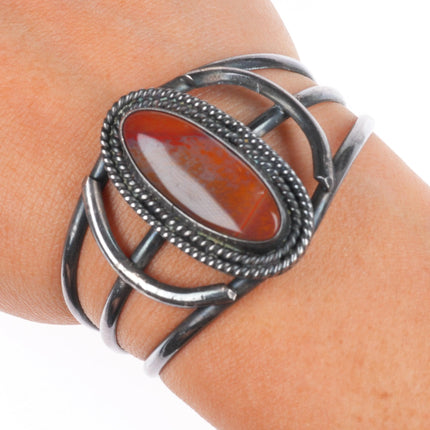 6" Vintage Navajo sterling silver petrified wood cuff bracelet