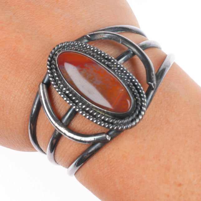 6" Vintage Navajo sterling silver petrified wood cuff bracelet