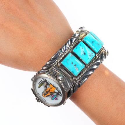 7.6" Ben Touchine vintage Navajo sterling silver turquoise watch cuff bracelet