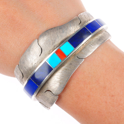 6.1" Michael Kirk Isleta sterling silver lapis/coral/turquoise cuff bracelet