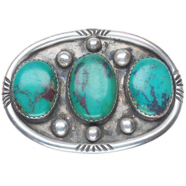 Vintage Navajo sterling silver 3 stone green turquoise belt buckle