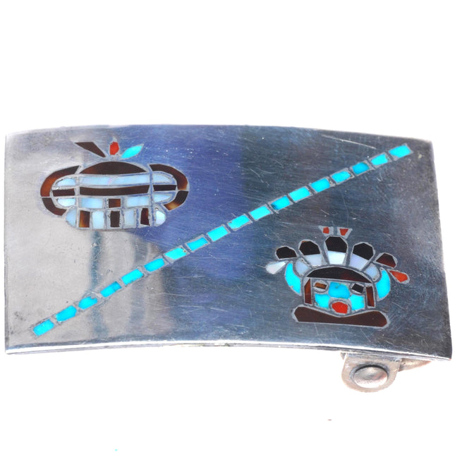 Vintage Zuni sterling silver Kachina multi-stone inlay belt buckle