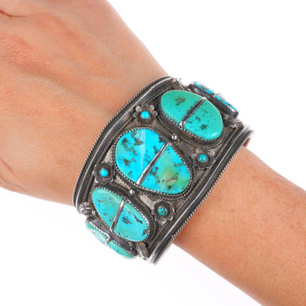 7.1" Vintage Navajo sterling silver wide snake eye turquoise cuff bracelet