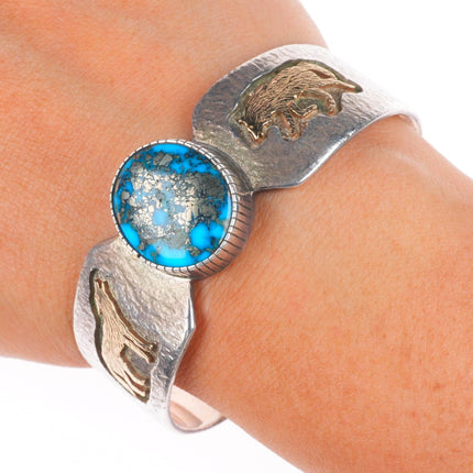 6.4" Dina Huntinghorse Morenci Turquoise 14k gold/sterling silver cuff bracelet