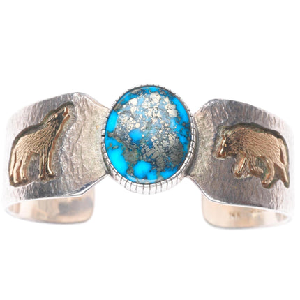 6.4" Dina Huntinghorse Morenci Turquoise 14k gold/sterling silver cuff bracelet