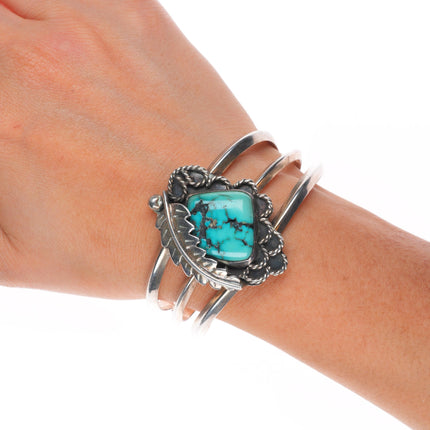6.1" Vintage LC Navajo sterling silver turquoise feather bezel cuff bracelet