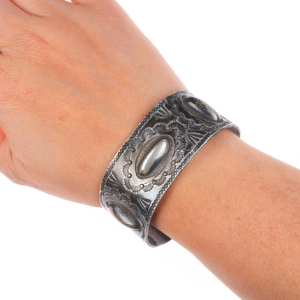 6.6" Vintage Navajo heavy stamped/repousse  sterling silver wide cuff bracelet